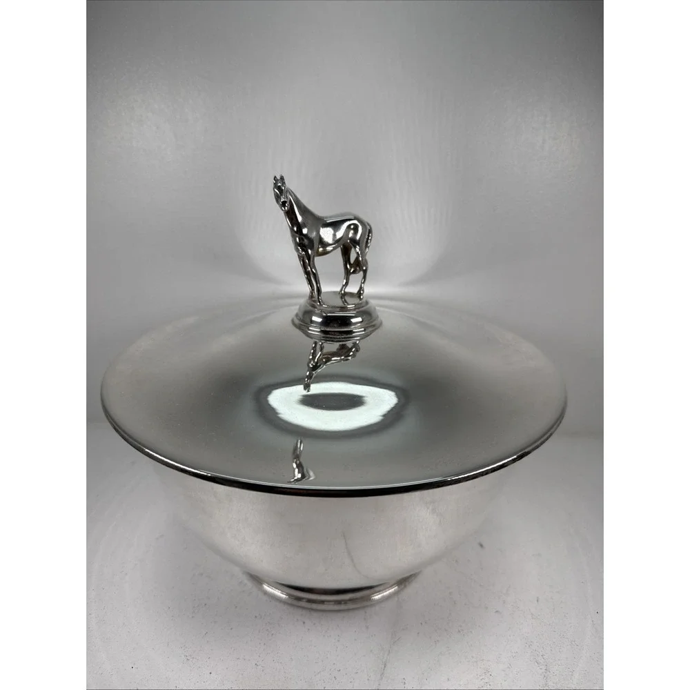 Authentic Vintage silver horse racing bowls Costume Horse On The Lid Unique.